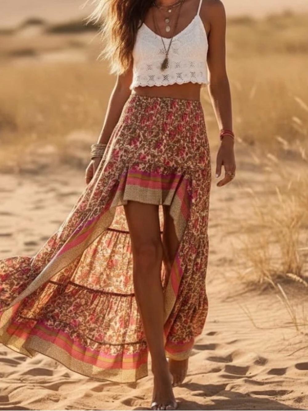 New Solitaire Boho Floral High-Low Maxi Skirt